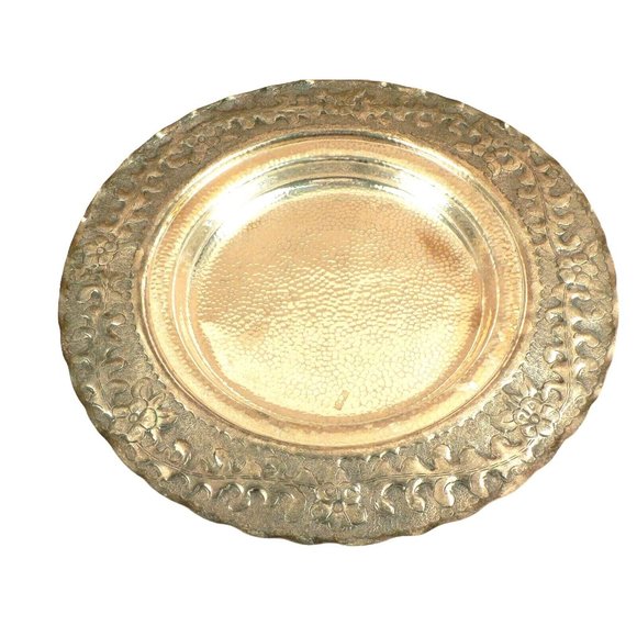 Round Serving Tray Silver Plated Footed Hammered Texture Finish 2 Recessed Areas - Picture 10 of 10